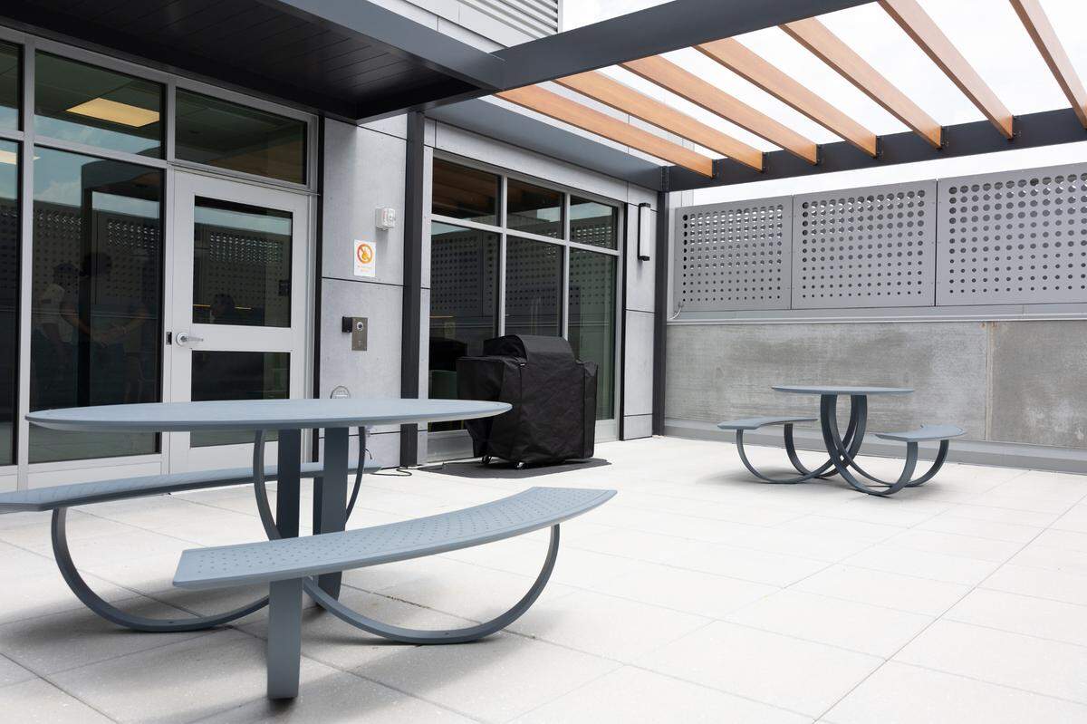 A new patio is one of the highlights for employees of a new public safety building in East St. Louis’ Emerson Metrolink station on July 11, 2024.
