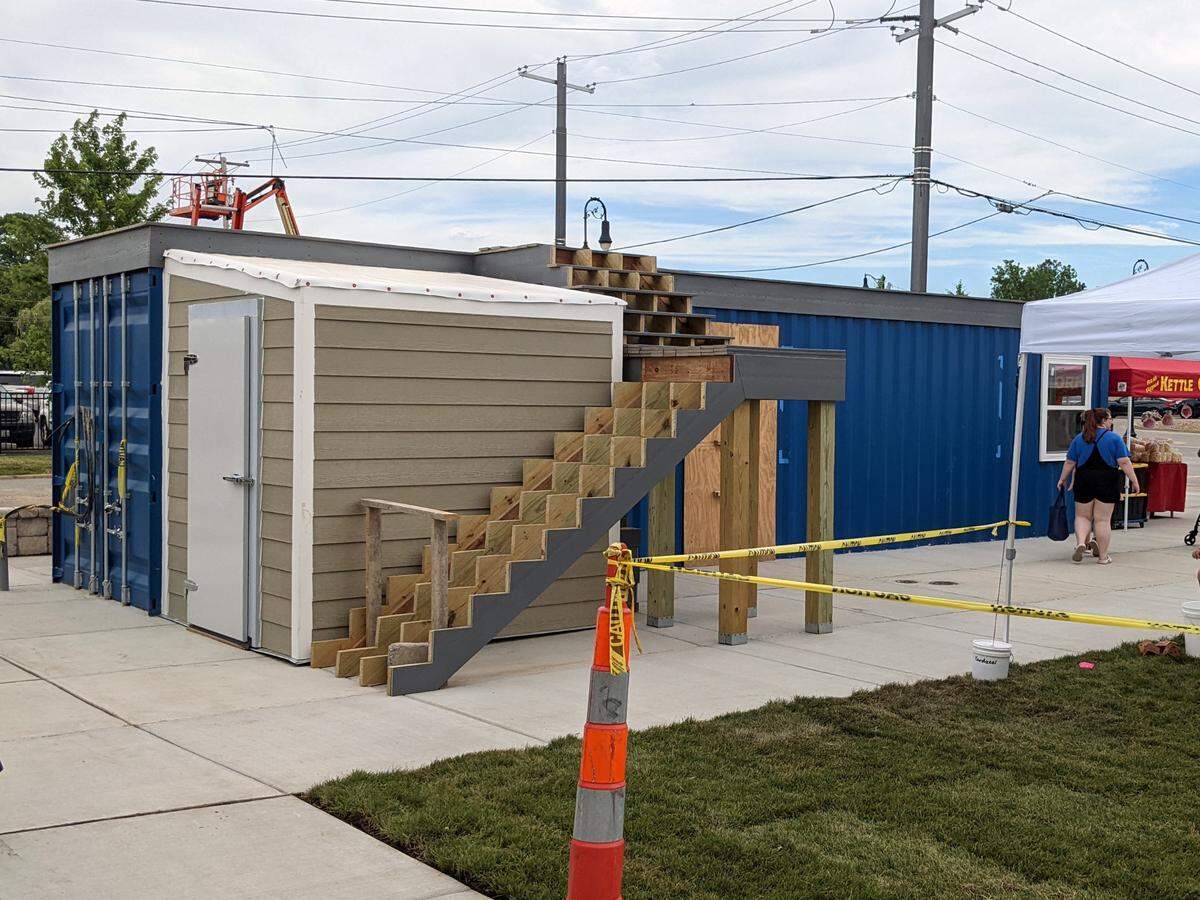 This shipping container is the future ice cream shop at Herald Square.