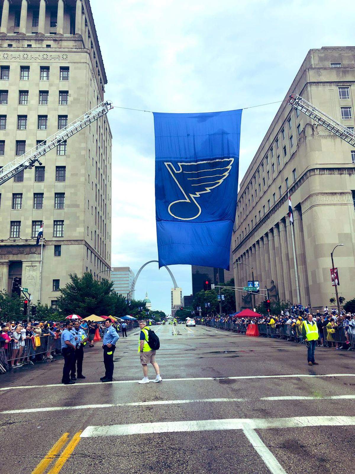 The Blues banner flies proudly above the crowd on Market Street.