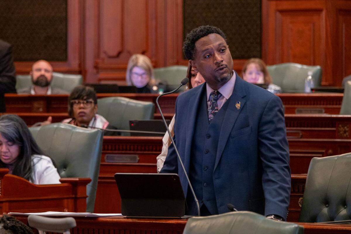 Rep. Maurice West, D-Rockford, stands on the House floor on Thursday, April 10, 2025. West’s bill banning Native American mascots in K-12 schools passed the House and awaits action in the Senate.