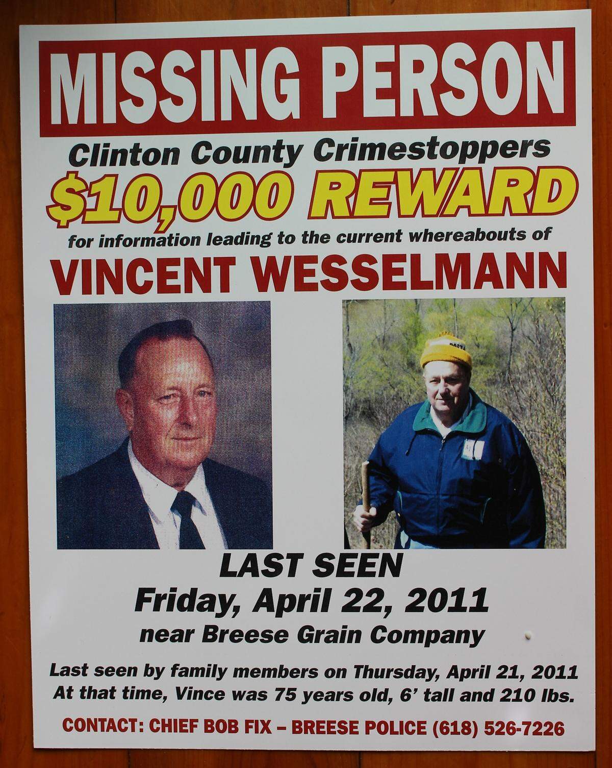 A poster offered a $10,000 reward from Clinton County Crime Stoppers for information related to the disappearance of Breese resident Vince Wesselmann in 2011.
