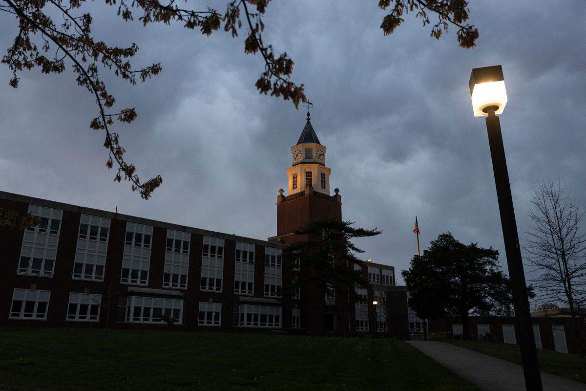 The Pulliam Hall clocktower is illuminated in the evening April 9, 2025 at Southern Illinois University in Carbondale, Illinois. 