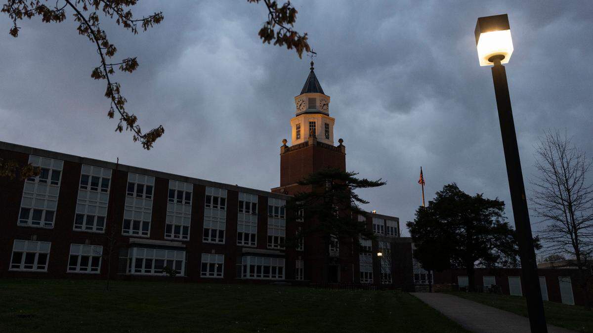 The Pulliam Hall clocktower is illuminated in the evening April 9, 2025 at Southern Illinois University in Carbondale, Illinois.