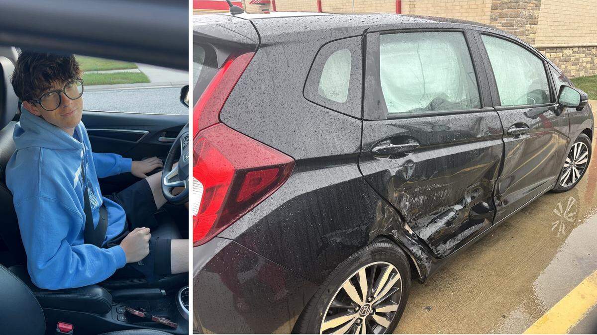 Atticus Slocum, 16, of Swansea, was driving a 2015 Honda Fit on Dec. 7, 2024, when the car was hit at the intersection of Hartman Lane, Thouvenot Lane and Frank Scott Parkway by an unmarked Illinois State Police vehicle. Side air bags deflated, filling the windows.