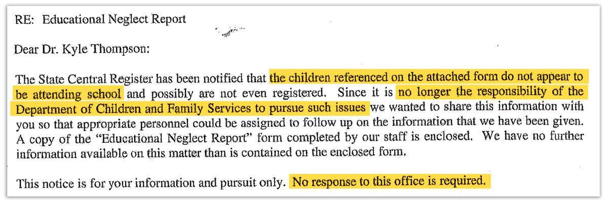 The Department of Children and Family Services forwards educational neglect claims made to its hotline to regional offices of education handling truancy, stating educational officials need not report findings back. (Obtained by Capitol News Illinois and ProPublica. Highlighted by ProPublica.)