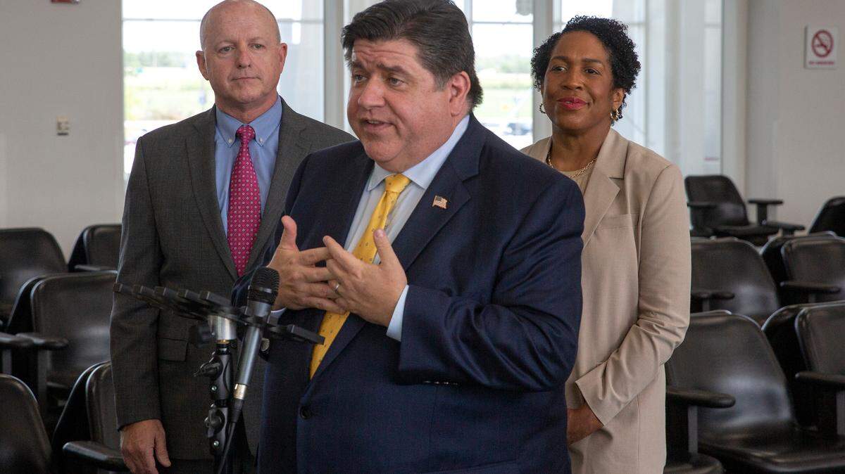 Illinois Gov. J.B. Pritzker answers questions from the press about the MidAmerica St. Louis Airport expansion on Tuesday, June 13, 2023.