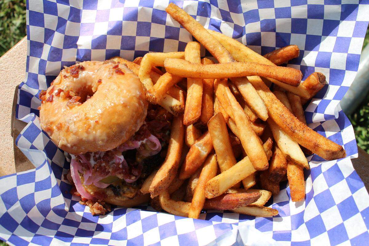 Last week’s special on the Burgers STL food truck was a double burger made with a toasted, maple-bacon doughnut from Strange Donuts in place of a bun.