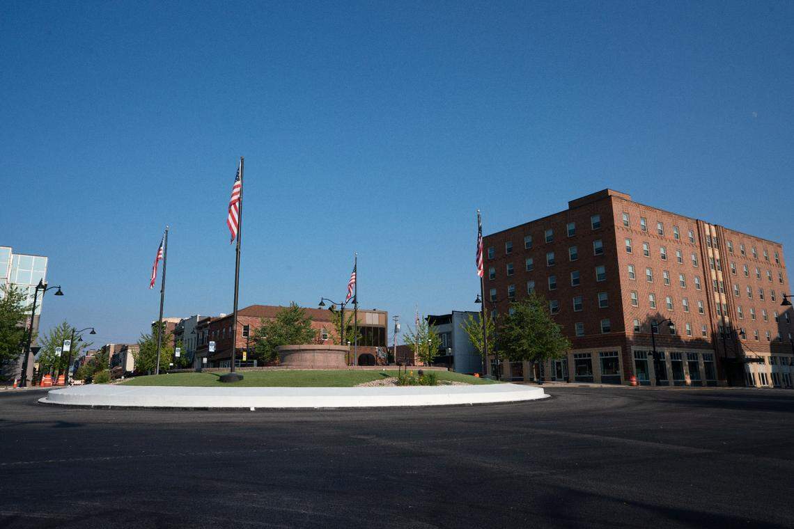 Belleville, Ill. public square as seen on Aug. 24, 2023. Drivers in Belleville have been blocked from driving in the square for three months and is set to open Friday.