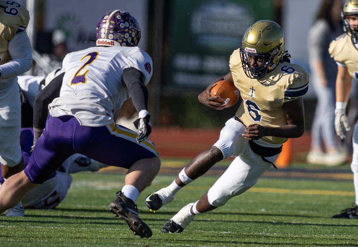 Althoff’s Jayden Ellington (6) carries the ball against Casey-Westfield in the IHSA Class 1A quarterfinals game Saturday.