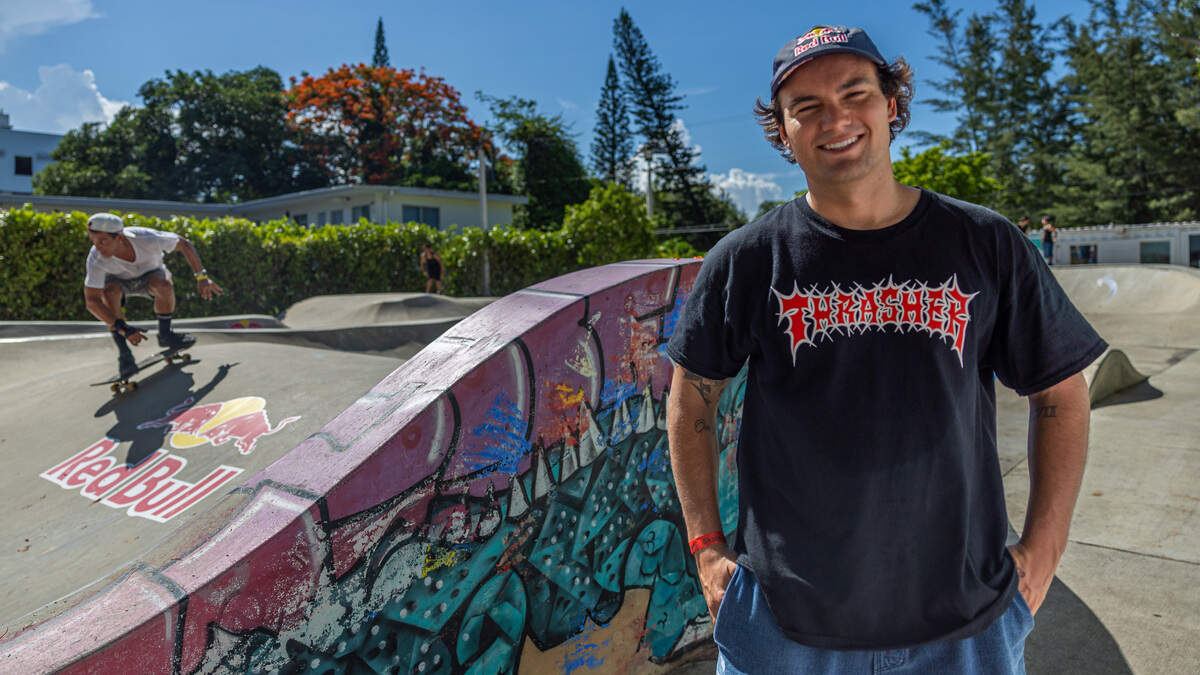 Alex Sorgente, professional skateboarder and event organizer, stands in front of the pump track as Eduardo Padron skates in the background at the Concrete Heats event at SkateBird Miami in Miami, Fla., on Sunday, June 21, 2026.