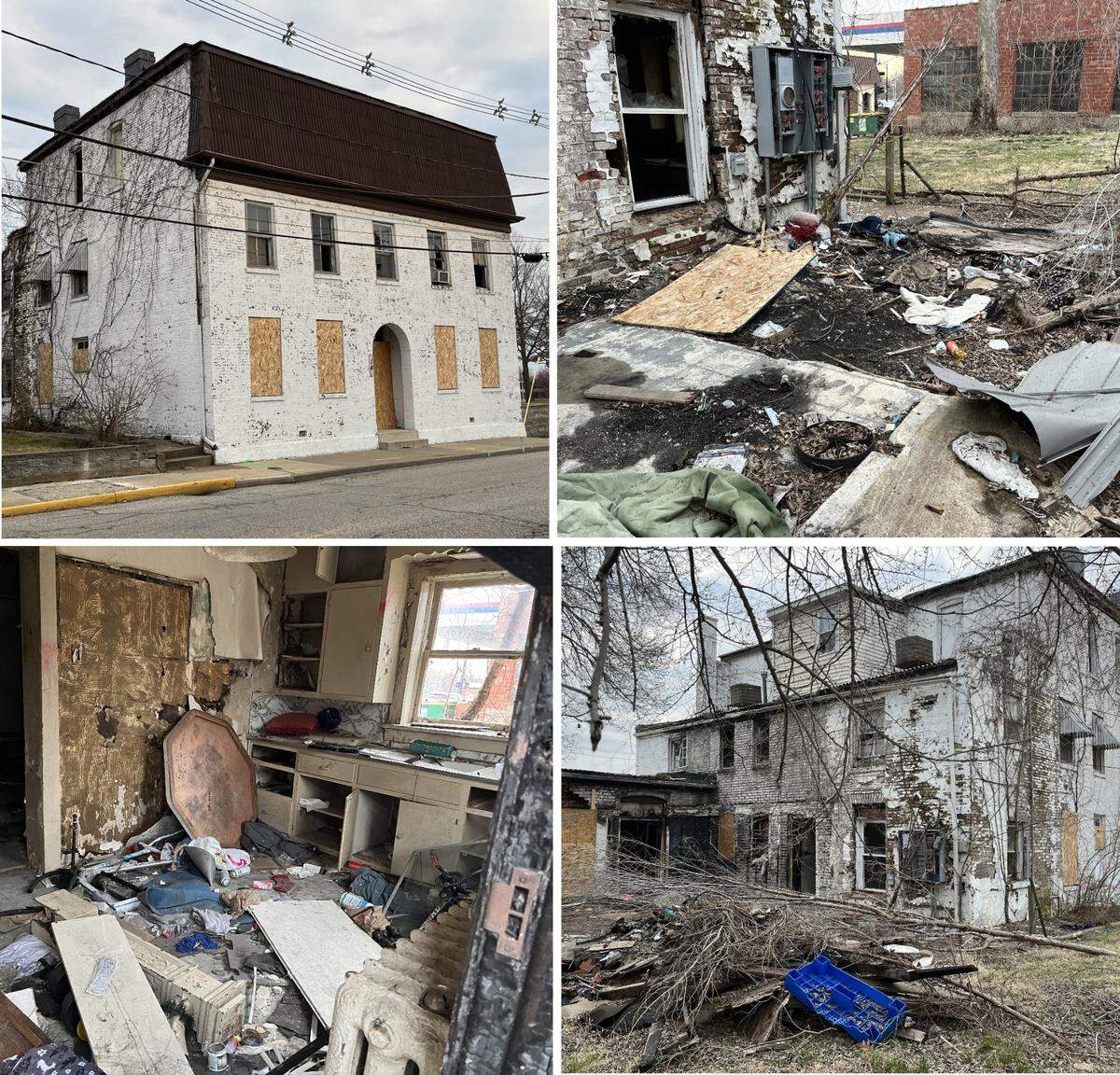 The building at 14 S. Third St. in Belleville consists of an entrance to apartments, clockwise from top left, with trash and debris piled around the back entrance and rooms filed with more of it.