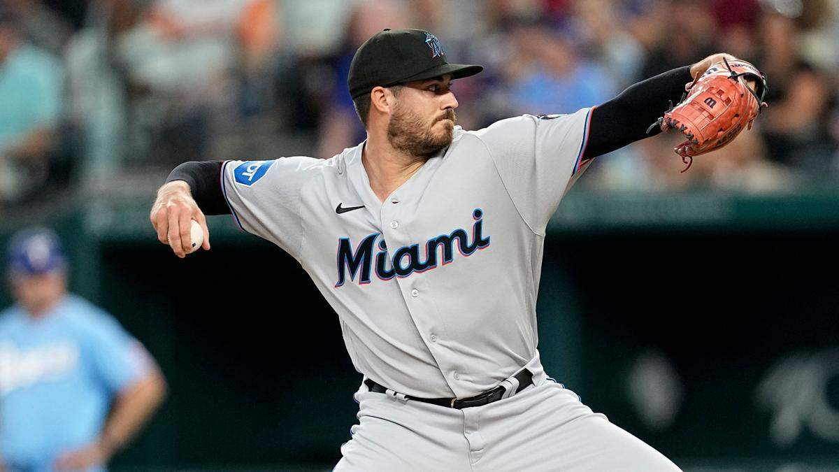 Miami Marlins relief pitcher Geoff Hartlieb throws to the Texas Rangers in the eighth inning of a baseball game, Sunday, Aug. 6, 2023, in Arlington, Texas. (AP Photo/Tony Gutierrez)
