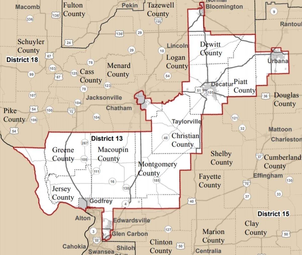 Illinois’ 13th Congressional District includes Champaign, Bloomington, Springfield, Decatur, Edwardsville, Godfrey and Glen Carbon among other towns. The configuration was drawn in 2011. U.S. Rep. Rodney Davis, R-Taylorville, represents the district and was first elected in 2012.