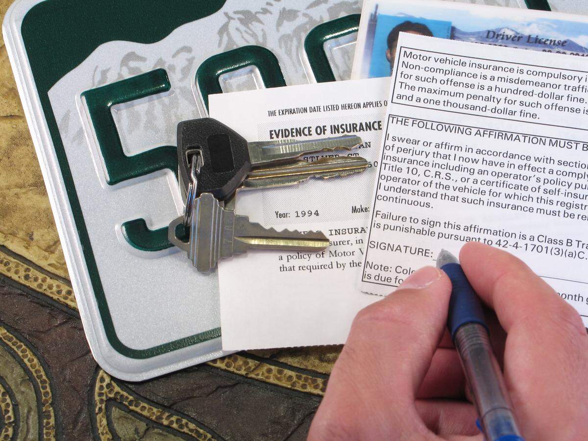 License plate, a driver’s papers related to proof of automobile insurance along with keys and a partial driver’s license.