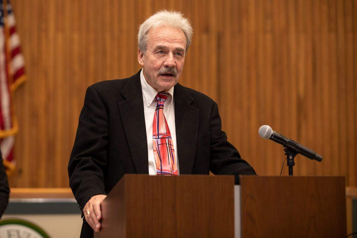 Southwestern Illinois College President Nick Mance speaks at a press conference Monday after a special Belleville City Council meeting in which alderman approved four tenant agreements for the former Lindenwood University campus.