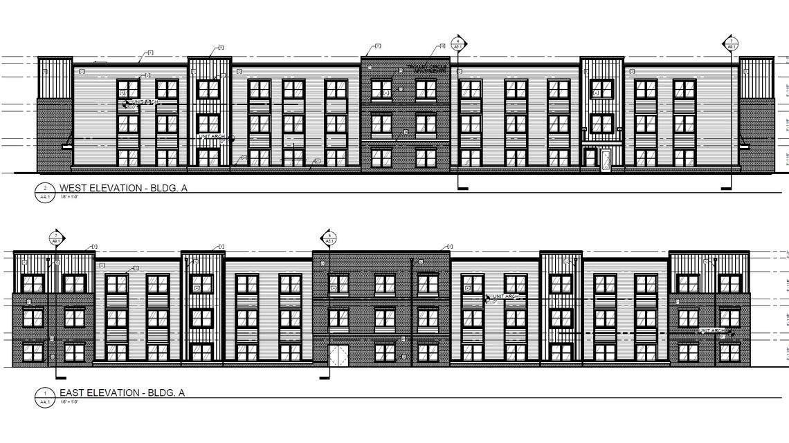 An architectural drawing shows what one of two buildings in the new Trolley Circle apartment complex for senior citizens in Belleville is expected to look like after construction is completed.