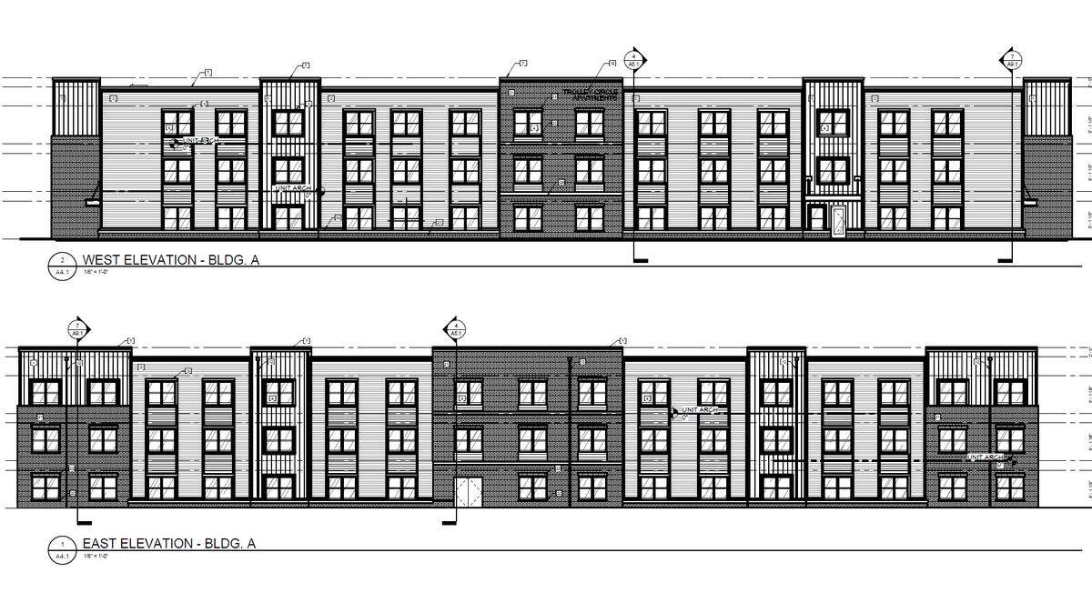 An architectural drawing shows what one of two buildings in the new Trolley Circle apartment complex for senior citizens in Belleville is expected to look like after construction is completed.