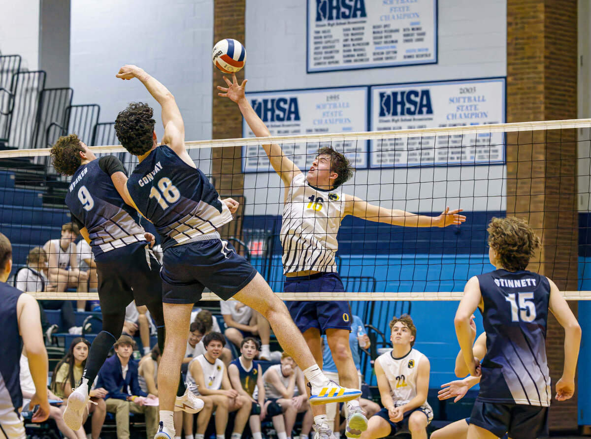 O’Fallon’s Matthew Kulp attempts to block the ball during a match against Belleville East on Thursday, May 11. The visiting Panthers ultimately prevailed 25-21, 25-19 in a showdown between two of the metro-east’s top boys volleyball teams. O’Fallon ultimately placed fourth in the IHSA state tournament at Hoffman Estates High School, defeating Barrington before losing the next two matches to LaGrange and Oak Park. The Panthers finished their tremendous season at 31-8.