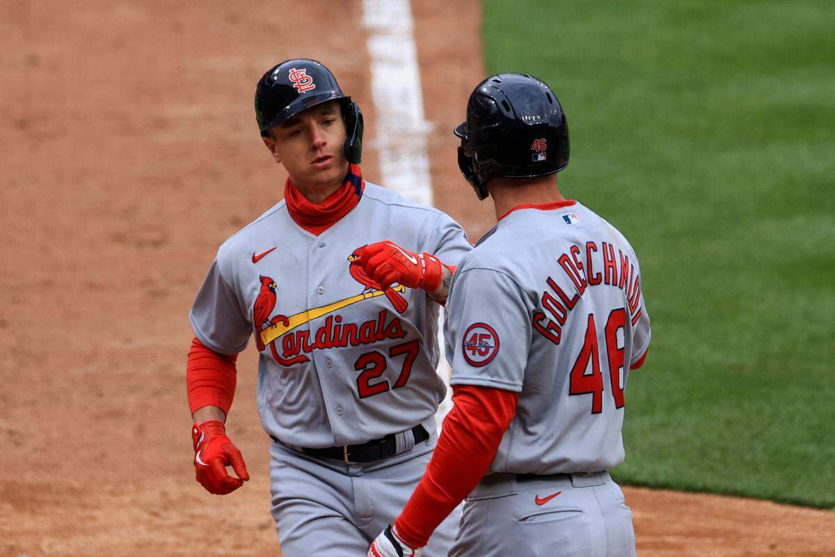 St. Louis Cardinals’ slugger Tyler O’Neill, left, celebrates hitting a two-run home run with teammate Paul Goldschmidt during the 2021 season opener against Cincinnati. O’Neill is again projected as an outfield for the Cardinals in 2022, while Goldschmidt again will be anchored at first base.