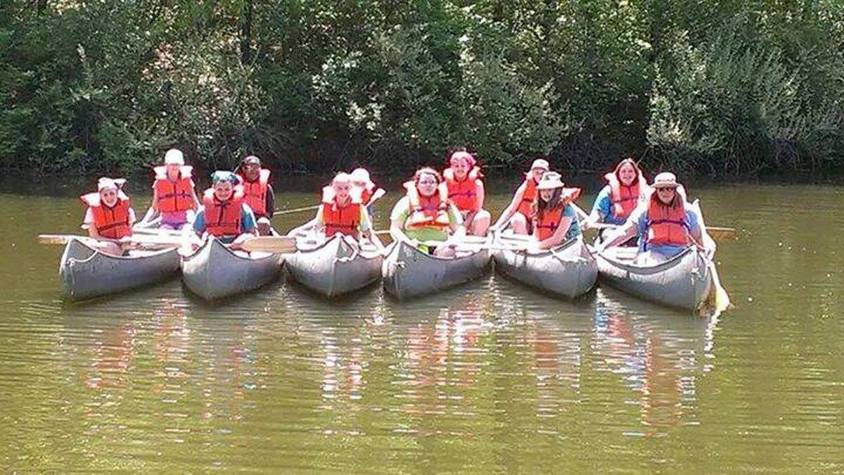 Members of Belleville Troop 998 take a break from canoeing at Camp Chan Ya Ta near Worden in the mid-2010s.