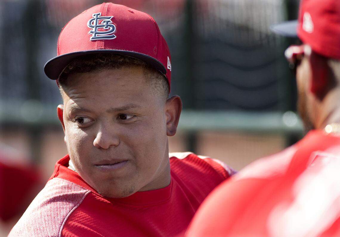 Cardinals infielder Yairo Munoz in the dugout during a spring training game in Jupiter, Florida.