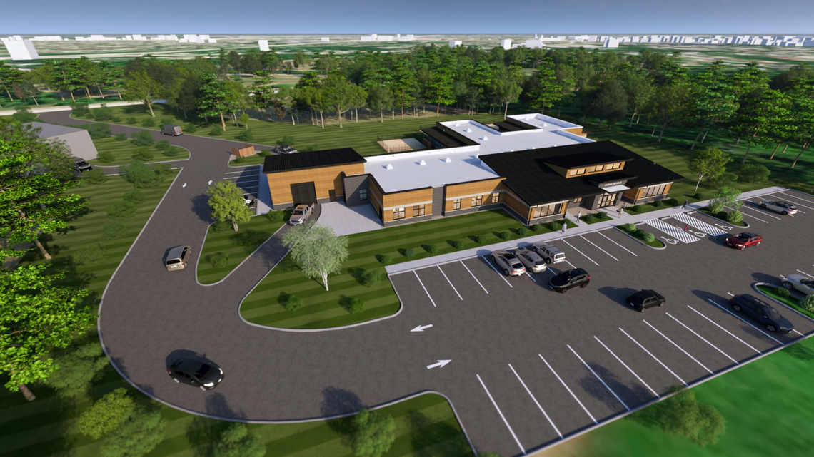 A Woolpert Architecture LLC rendering shows an aerial view of the new St. Clair County Animal Control building.