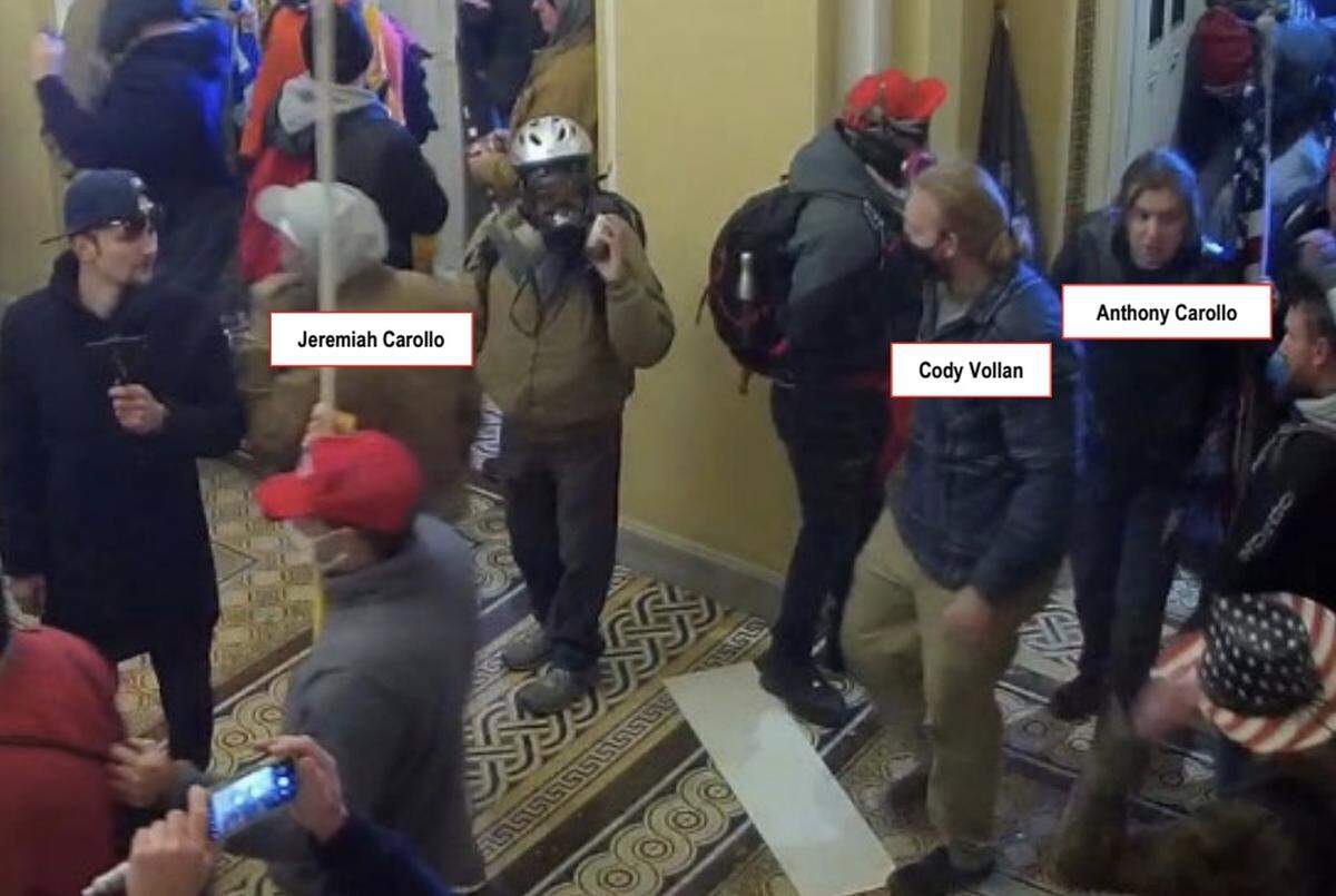 Photo showing Jeremiah Carollo of Glen Carbon, his cousin Cody Vollan and his brother Anthony Carollo inside the U.S. Capitol during the Jan. 6, 2021, riot in Washington, D.C.