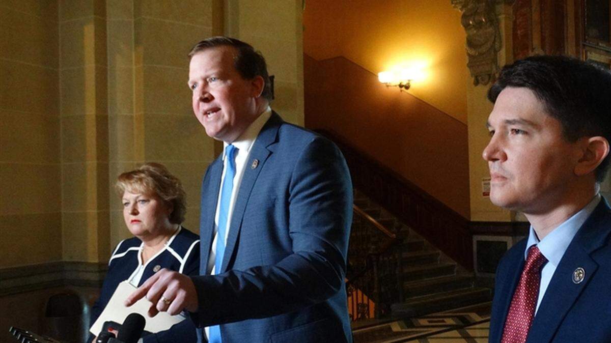 This file photo shows Sen. Jason Plummer, R-Edwardsville, speaking during a news conference. Plummer is backing a lawsuit filed this week by Republican lawmakers as part of an effort to end ‘gut-and-replace’ legislation.