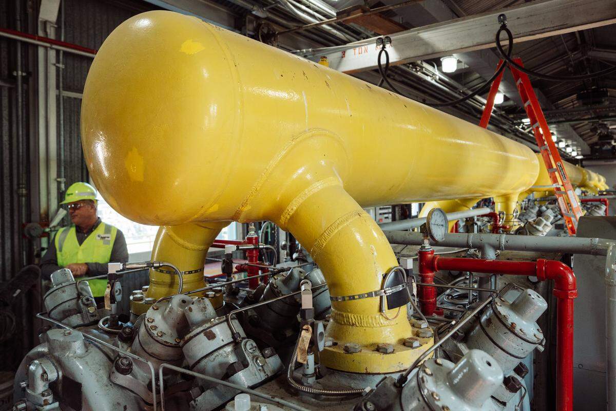 Natural gas compressors line a building at the Ameren Freeburg Natural Gas Storage Field on Friday, Nov. 14, 2025. 