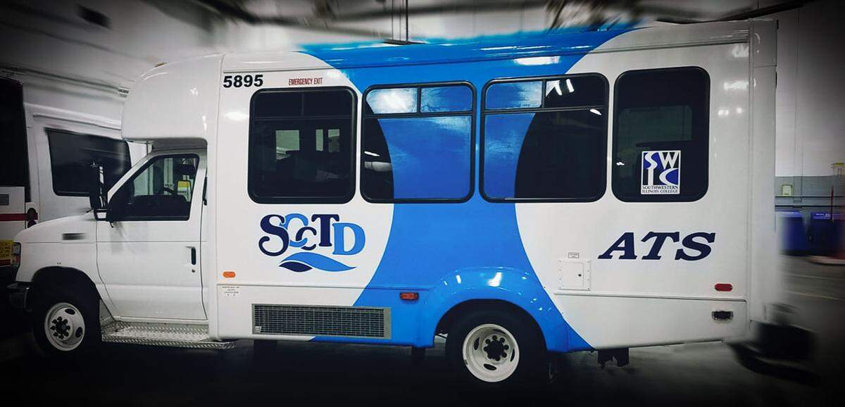 This photo shows one of the buses in the Alternative Transportation System program operated by Southwestern Illinois College through a partnership with St. Clair County Transit District.