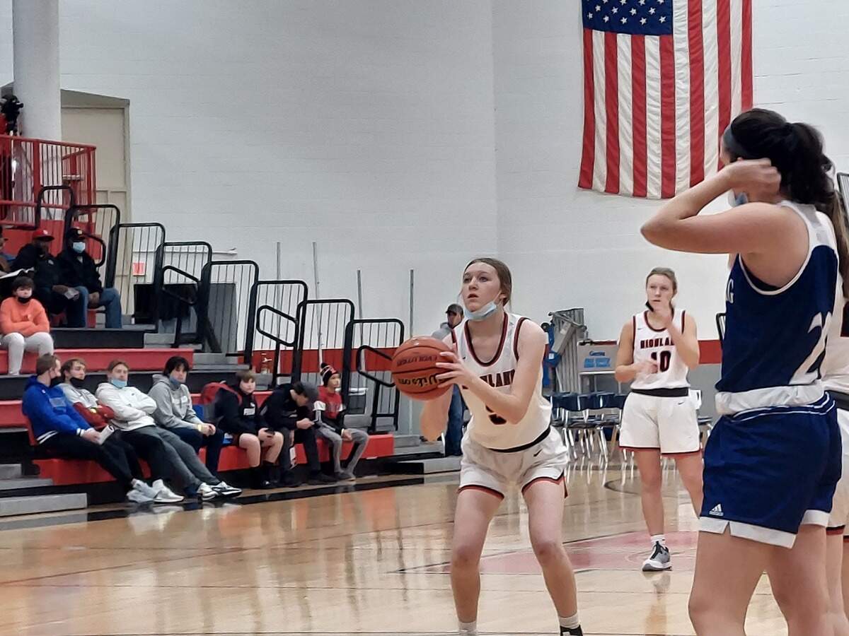 Highland’s Abby Schultz sets to shoot a free throw against Freeburg on Saturday, Jan, 8, during the 30th annual Optimist Shootout at Highland High School. The Lady Bulldogs fought valiantly, but ultimately lost 36-32.