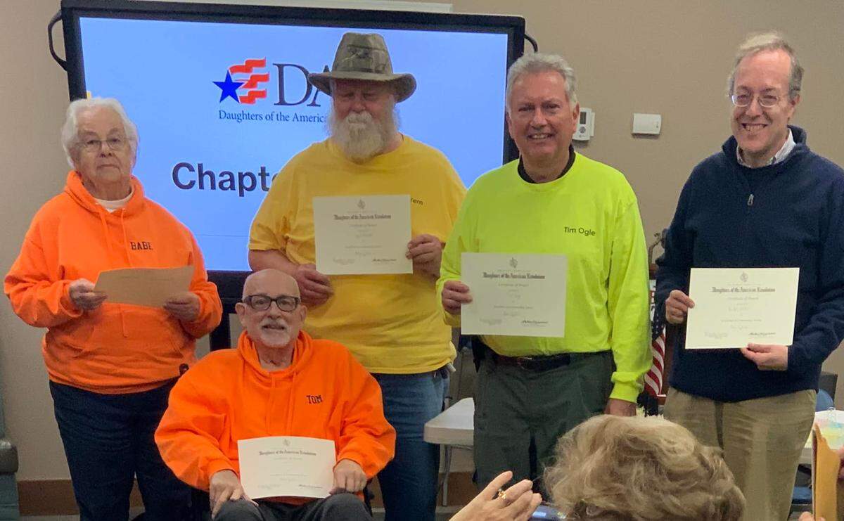 O’Fallon Historical Society’s Cemetery Detectives received the Good Citizenship Award from the Belleville Chapter of the National Society of the Daughters of the American Revolution. From left, Babe Papproth, Tom Schwartztrauber, Vern Malare, Tim Ogle and Brian Keller.