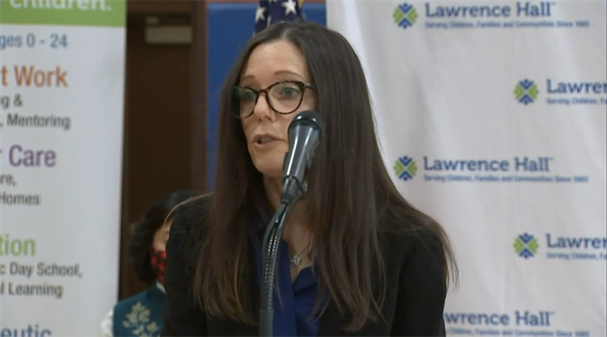 Dana Weiner, whom Gov. J.B. Pritzker named Children’s Behavioral Health Transformation Director on Friday, speaks at a news conference announcing a new children’s behavioral health initiative.