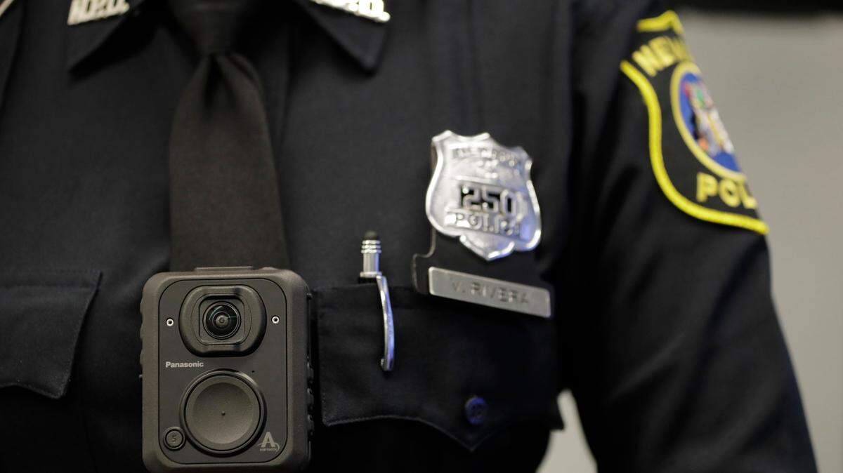 This 2017 file photo by the Associated Press shows a Panasonic body camera being work by Newark, New Jersey, police officer Veronica Rivera.