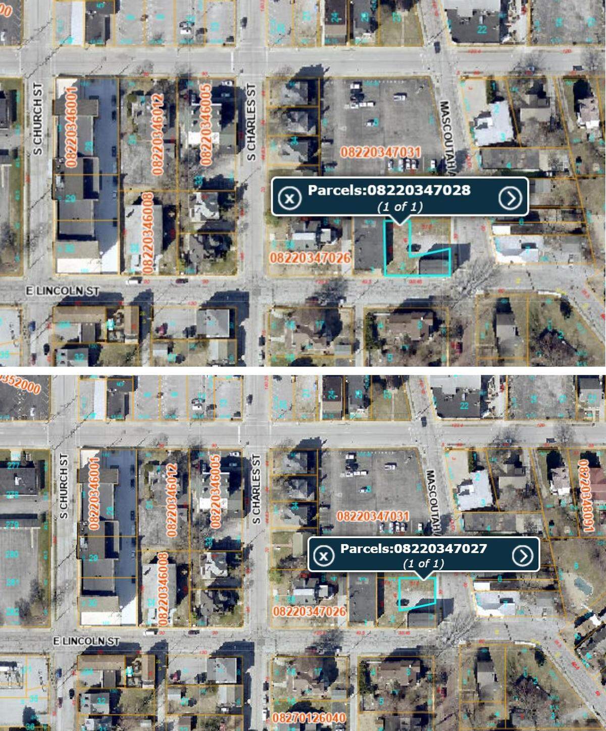 Property owned by the city of Belleville at 123-127 Mascoutah Ave. consists of two parcels, including a building, top, and a vacant lot, bottom, as shown by blue lines on this St. Clair County map.