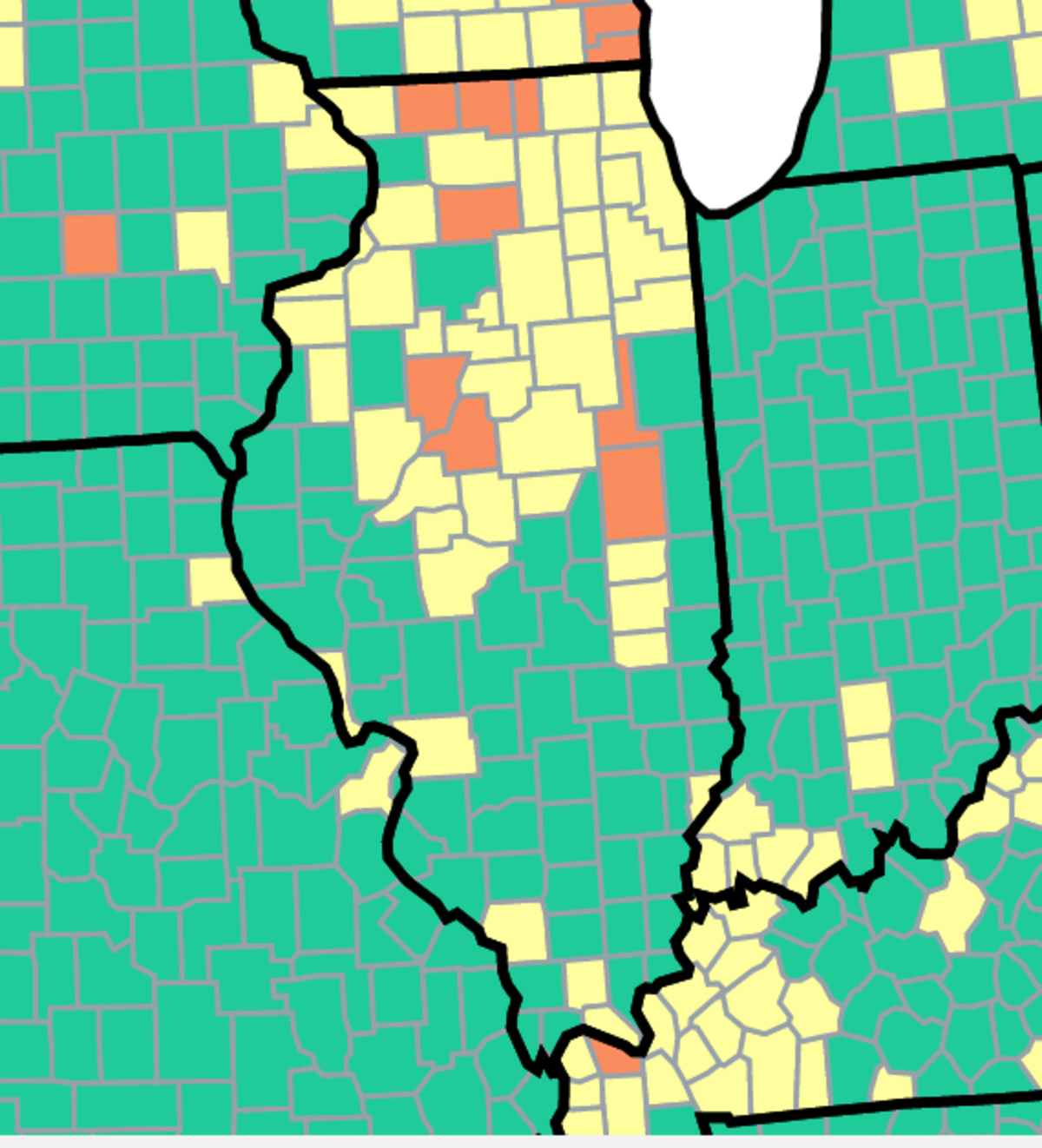 This map from the U.S. Centers for Disease Control and Prevention shows COVID-19 community levels by Illinois County. Orange indicates high levels, yellow indicates medium and green indicates low.