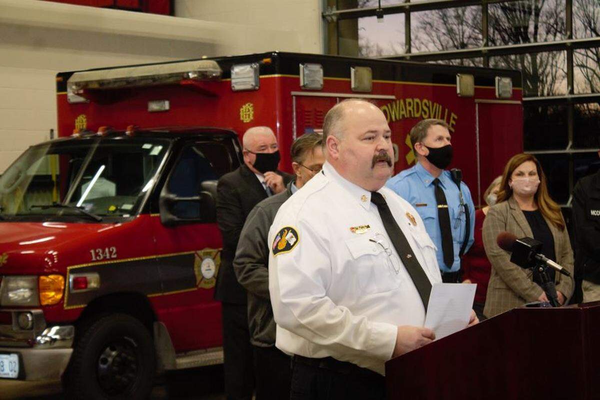 Edwardsville Fire Chief James Whiteford speaks at a news conference in Edwardsville Saturday afternoon following the collapse of an Amazon warehouse that killed at least six people Friday.
