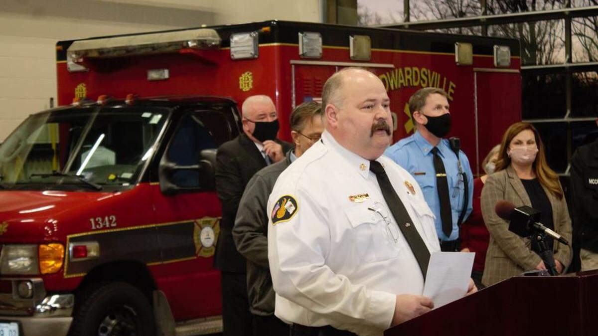 Edwardsville Fire Chief James Whiteford speaks at a news conference in Edwardsville Saturday afternoon following the collapse of an Amazon warehouse that killed at least six people Friday.