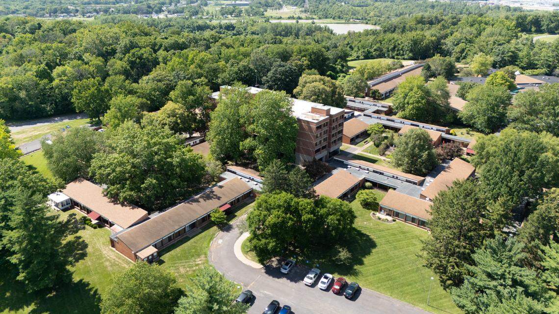 Drone photograph showing the assisted living center at the Our Lady of the Snows Shrine in Beleville, Ill. on July 5, 2024.