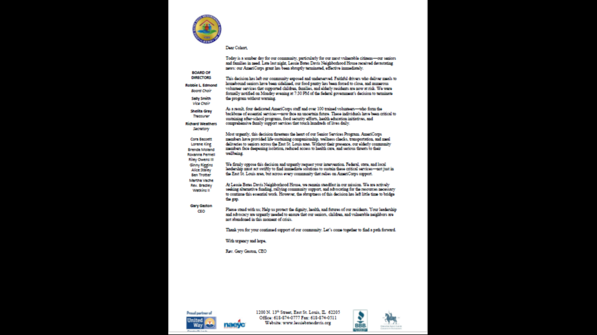 Gary Gaston, CEO of Lessie Bates Davis Neighborhood House in East St. Louis, released this statement in response to news that its AmeriCorps grant had been abruptly terminated.