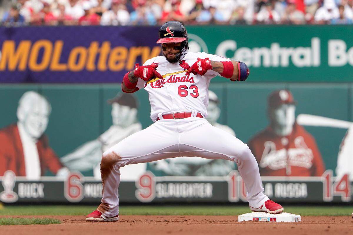 St. Louis Cardinals’ Edmundo Sosa celebrates after hitting an RBI double during a game last season. Sosa earned the starting shortstop position down the stretch in 2021 and hopes to be a big contributor again in 2022.