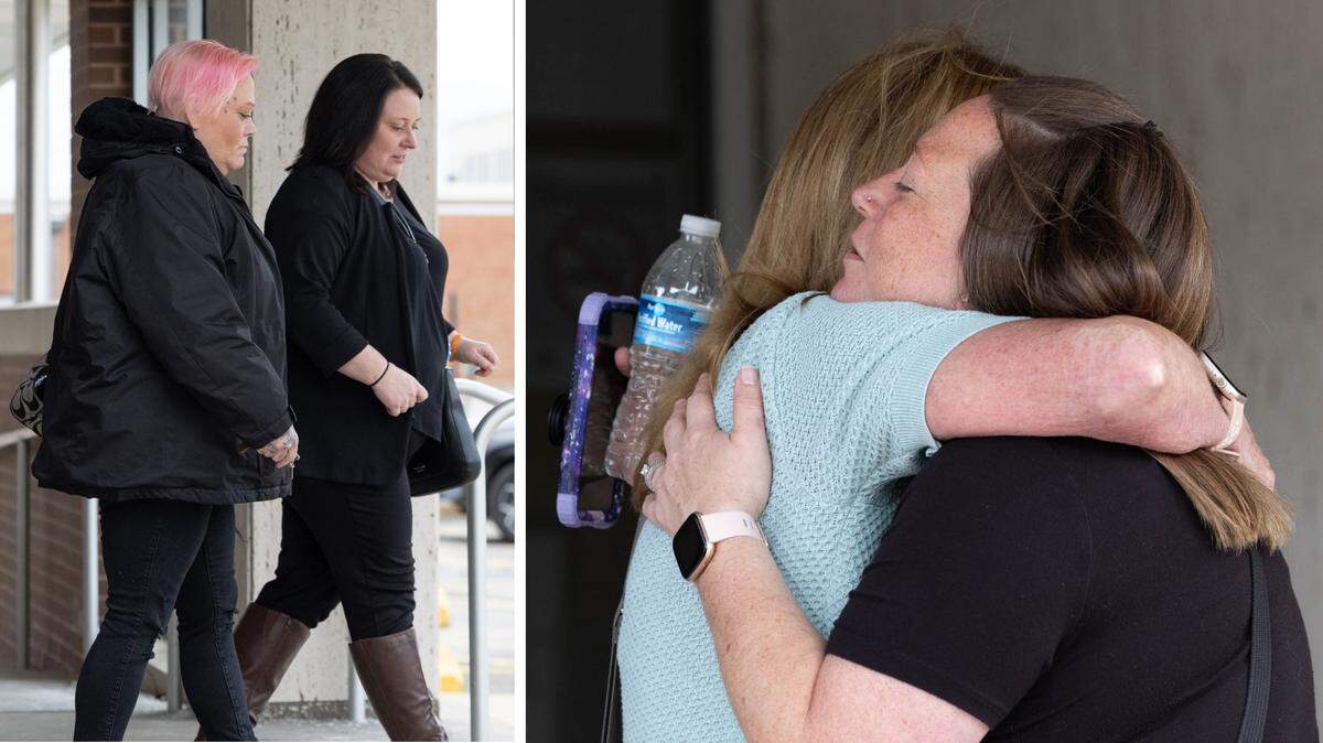 Dawn Hall, Neil Howard’s fiancee, left, and Andrea Hall, his sister, leave the Madison County Criminal Justice Center during his murder trial in February. At right, Jenny Hosler, his half-sister, hugs a woman after his sentencing hearing on Tuesday.