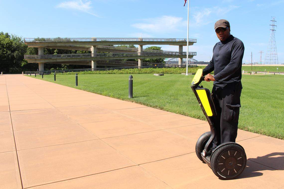 Marcus Atkins and other security guards patrol Malcolm W. Martin Memorial Park in East St. Louis on Segways and golf carts 24 hours a day. He took over for his father, Herman, who started in 1995.