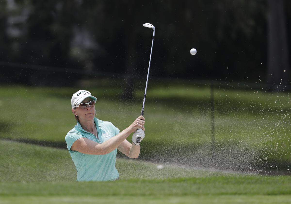 Sweden's Annika Sorenstam plays a ball out of a bunker on the 10th hole during a Hall of Fame exhibition match at the Lorena Ochoa Invitational at Mexico Golf Club in Mexico City, Saturday, May 6, 2017.