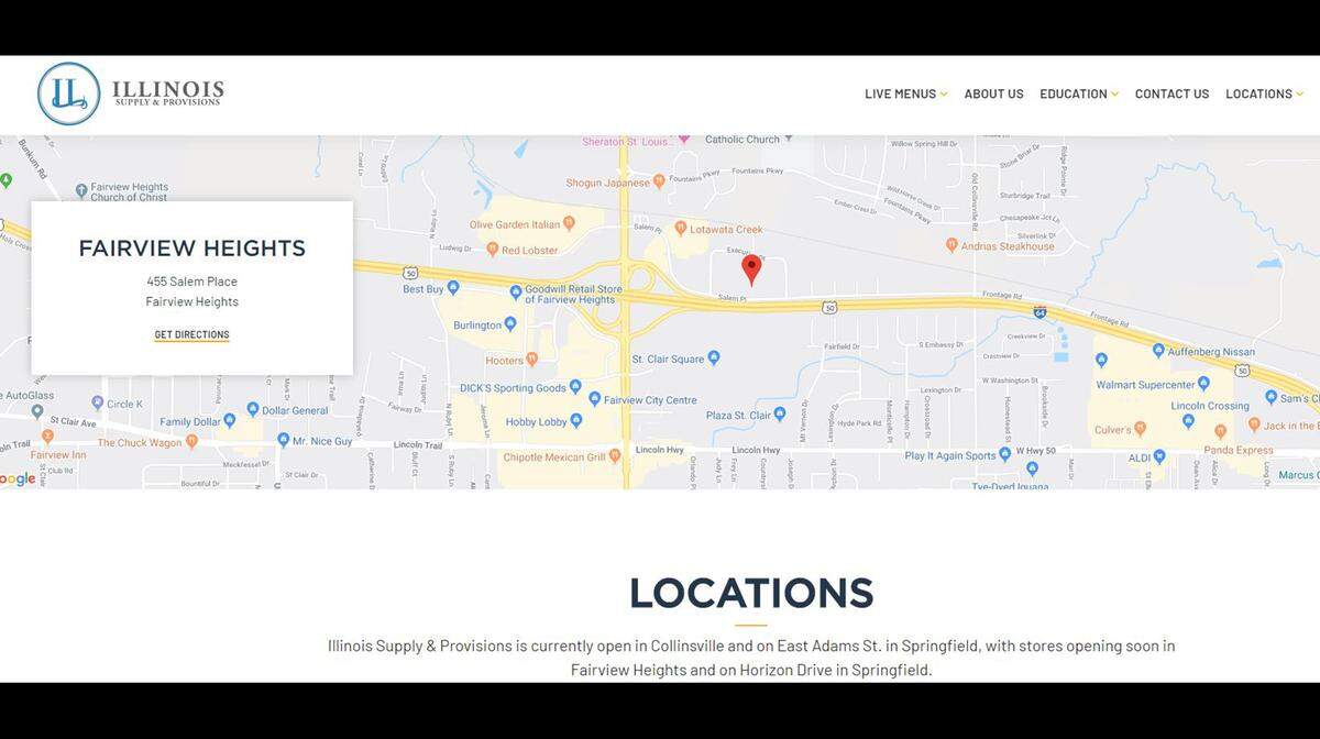 This is a screenshot from the Illinois Supply and Provisions’ website showing a red pin drop at 455 Salem Place in Fairview Heights.