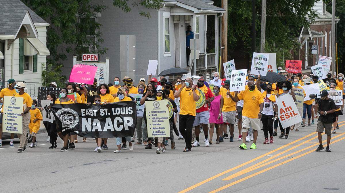 The East St. Louis Branch NAACP in association with several other community groups held a march in support of change in Belleville. The group marched from the north entrance of Belleville to the St. Clair County Building in downtown. The purpose of their march was to demonstrat to the city, the county and the country the they stand together on the rights and privileges of all people: specifically people of color and the under-represented.