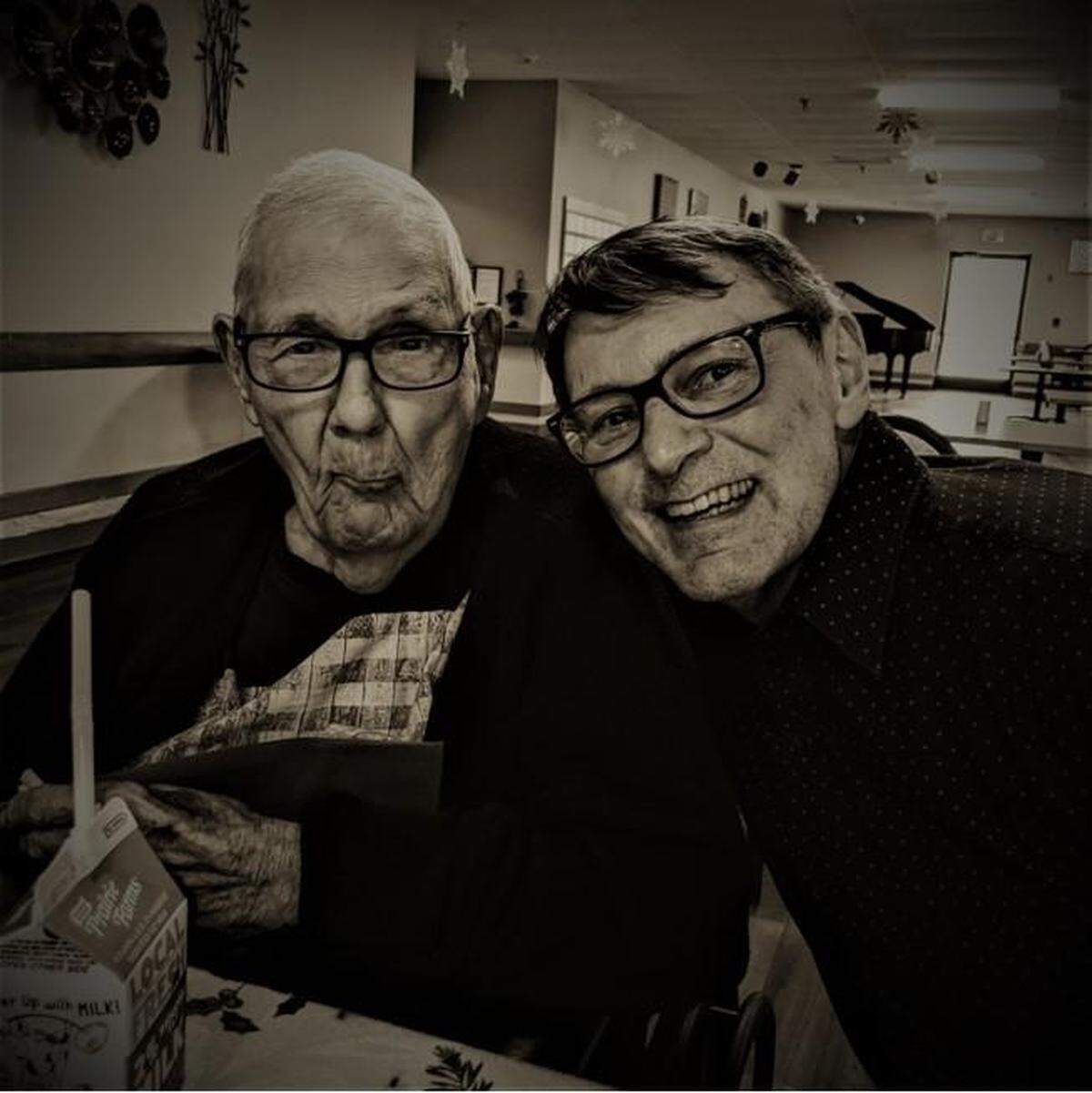 William Baker and his son Steve Baker pose for a photograph on Christmas Eve 2019 at Edwardsville Care Center.