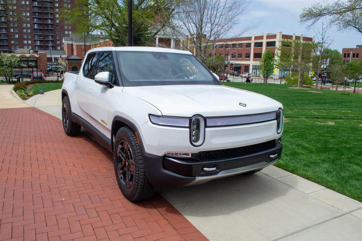 A Rivian all-electric R1T truck, manufactured in Normal, is pictured outside of the Governor’s Mansion Wednesday in Springfield. The truck won the title of the “Coolest Thing Made in Illinois” at a contest held by the Illinois Manufacturers’ Association.
