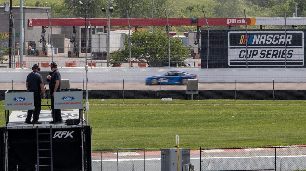 World Wide Technology Raceway is preparing for the inaugural NASCAR Cup Series race, the Enjoy Illinois 300, on June 5. In the background Ford driver David Ragan runs test laps on the track. Three NASCAR Cup Series teams, one from each manufacturer, were testing at World Wide Technology Raceway recently.