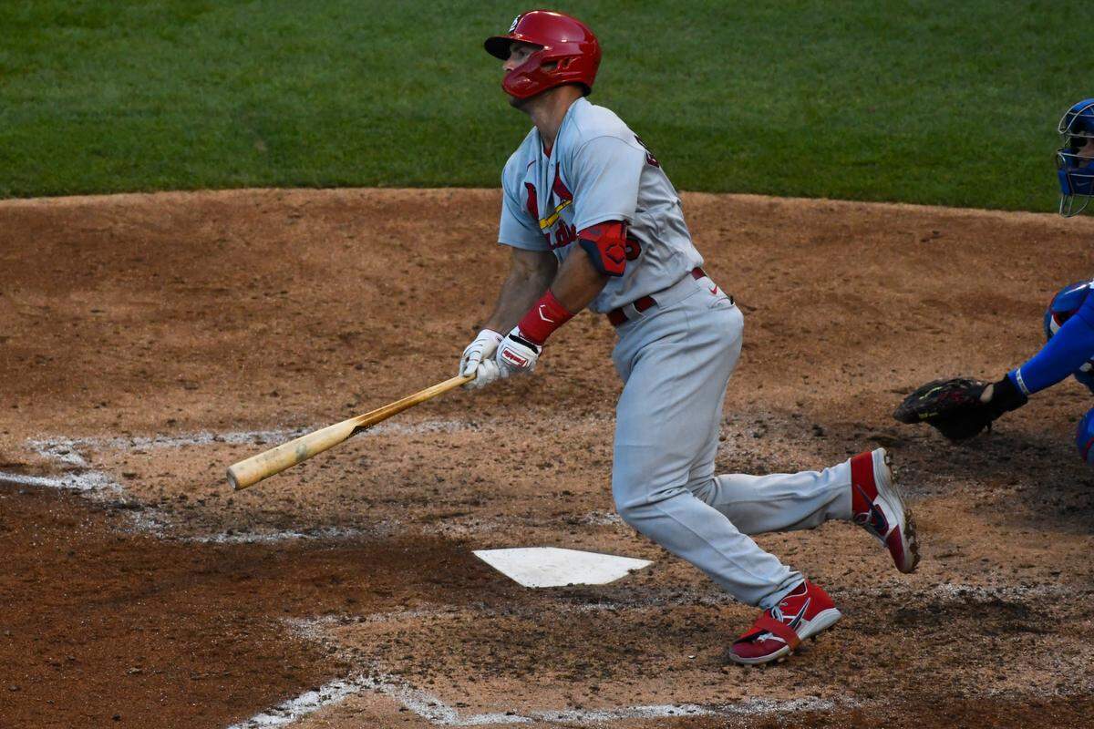 St. Louis Cardinals star Paul Goldschmidt hits a double during a game against the Chicago Cubs in 2020. Goldschmidt and first-year Cardinals hitting coach Turner Ward have a close relationship, so much so Goldschmidt gifted him his second career Silver Slugger trophy. The award was on display in Ward’s living room during an interview with MLB Network earlier this winter.